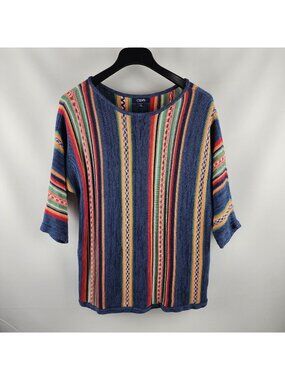 Chaps Sweater Womens 2X Multi Knit Aztec Stripe 3/4 Sleeve Pullover